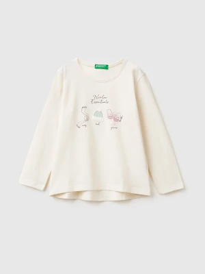 Benetton, T-shirt With Print And Embroidery, Size: 116, Creamy White, Kids United Colors of Benetton