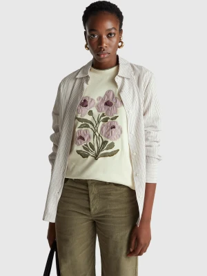 Benetton, T-shirt With Print And Embroidery, Size: XS, Creamy White, Women United Colors of Benetton