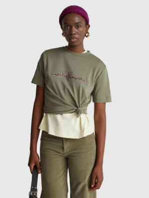 Benetton, T-shirt With Print And Embroidery, Size: XS, Military Green, Women United Colors of Benetton