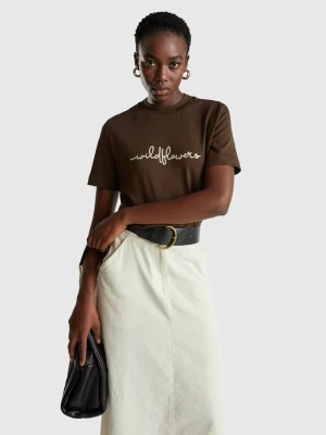 Benetton, T-shirt With Print And Embroidery, Size: XXS, Brown, Women United Colors of Benetton