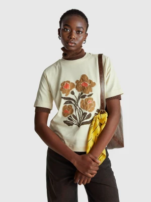 Benetton, T-shirt With Print And Embroidery, Size: XXS, Creamy White, Women United Colors of Benetton