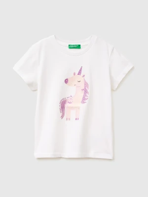 Benetton, T-shirt With Print And Glitter, Size: 116, White, Kids United Colors of Benetton
