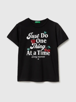 Benetton, T-shirt With Print And Glitter, Size: XL, Black, Kids United Colors of Benetton