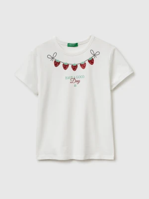 Benetton, T-shirt With Print And Glitter, Size: XL, Creamy White, Kids United Colors of Benetton