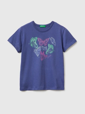 Benetton, T-shirt With Print And Glitter, Size: XL, Violet, Kids United Colors of Benetton