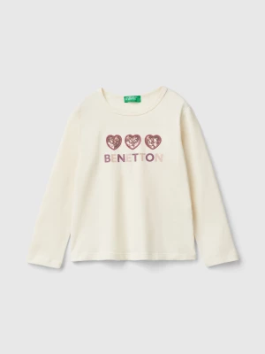 Benetton, T-shirt With Print And Sequins, size 104, Creamy White, Kids United Colors of Benetton