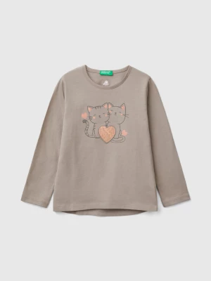 Benetton, T-shirt With Print And Sequins, size 104, Dove Gray, Kids United Colors of Benetton