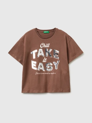 Benetton, T-shirt With Print And Sequins, Size: S, Brown, Kids United Colors of Benetton