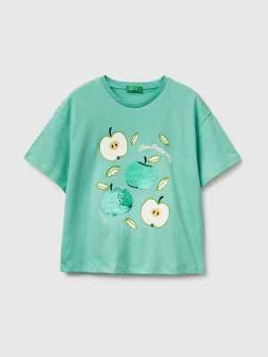 Benetton, T-shirt With Print And Sequins, Size: XL, Aqua, Kids United Colors of Benetton