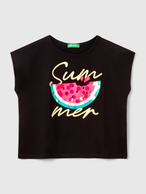 Benetton, T-shirt With Print And Sequins, size XL, Black, Kids United Colors of Benetton