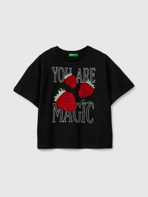 Benetton, T-shirt With Print And Sequins, Size: XL, Black, Kids United Colors of Benetton
