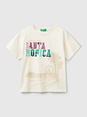 Benetton, T-shirt With Print And Sequins, size XL, Creamy White, Kids United Colors of Benetton
