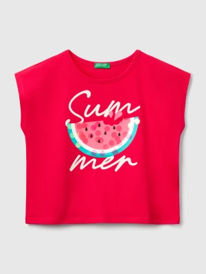 Benetton, T-shirt With Print And Sequins, size XL, Fuchsia, Kids United Colors of Benetton