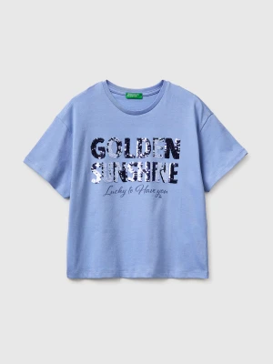 Benetton, T-shirt With Print And Sequins, Light Blue, Kids United Colors Of Benetton