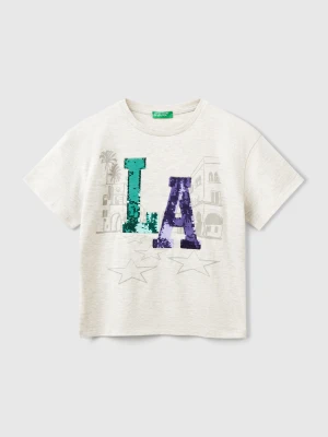 Benetton, T-shirt With Print And Sequins, size L, Light Gray, Kids United Colors of Benetton