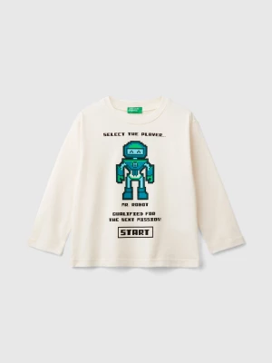 Benetton, T-shirt With Print In Warm Organic Cotton, size 104, Creamy White, Kids United Colors of Benetton