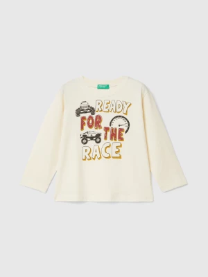 Benetton, T-shirt With Print In Warm Organic Cotton, size 104, Creamy White, Kids United Colors of Benetton