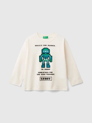 Benetton, T-shirt With Print In Warm Organic Cotton, size 116, Creamy White, Kids United Colors of Benetton