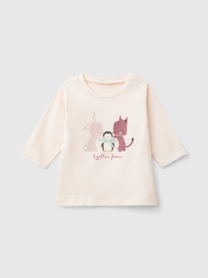 Benetton, T-shirt With Print In Warm Organic Cotton, size 50, Pastel Pink, Kids United Colors of Benetton