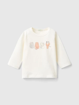 Benetton, T-shirt With Print In Warm Organic Cotton, size 56, Creamy White, Kids United Colors of Benetton