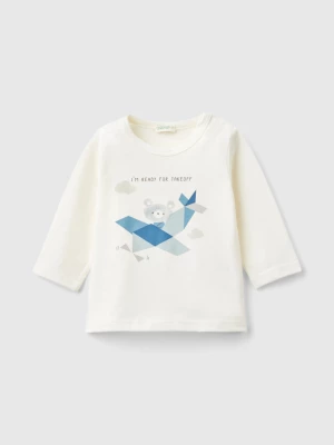 Benetton, T-shirt With Print In Warm Organic Cotton, size 74, Creamy White, Kids United Colors of Benetton