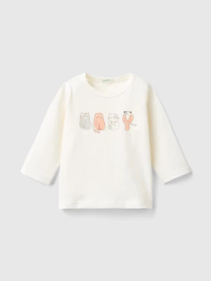 Benetton, T-shirt With Print In Warm Organic Cotton, size 74, Creamy White, Kids United Colors of Benetton
