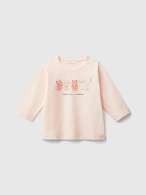 Benetton, T-shirt With Print In Warm Organic Cotton, size 74, Soft Pink, Kids United Colors of Benetton