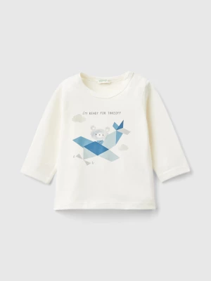 Benetton, T-shirt With Print In Warm Organic Cotton, size 82, Creamy White, Kids United Colors of Benetton