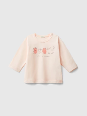 Benetton, T-shirt With Print In Warm Organic Cotton, size 82, Soft Pink, Kids United Colors of Benetton