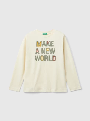 Benetton, T-shirt With Print In Warm Organic Cotton, size S, Creamy White, Kids United Colors of Benetton