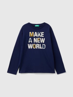 Benetton, T-shirt With Print In Warm Organic Cotton, size S, Dark Blue, Kids United Colors of Benetton