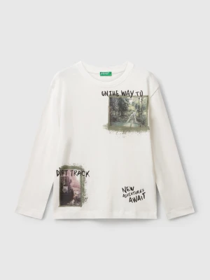 Benetton, T-shirt With Print On Front And Back, Size: S, Creamy White, Kids United Colors of Benetton