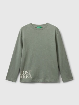 Benetton, T-shirt With Print On Front And Back, Size: S, Military Green, Kids United Colors of Benetton