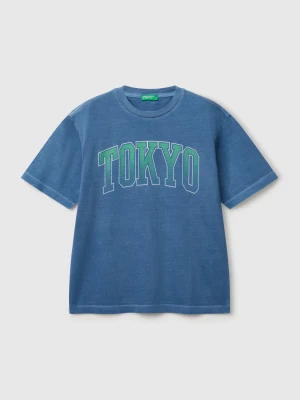 Benetton, T-shirt With Print On Front And Back, size XL, Blue, Kids United Colors of Benetton