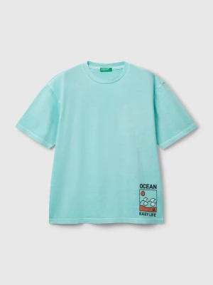 Benetton, T-shirt With Print On Front And Back, size XL, Light Blue, Kids United Colors of Benetton