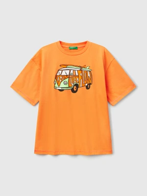 Benetton, T-shirt With Print On Front And Back, size XL, Orange, Kids United Colors of Benetton