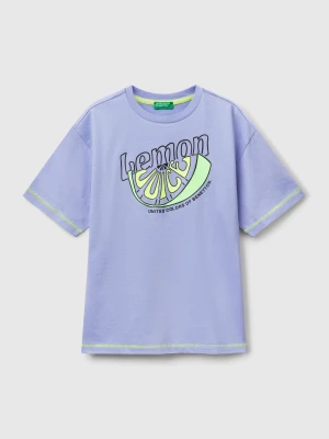 Benetton, T-shirt With Print On Front And Back, Size: XL, Periwinkle, Kids United Colors of Benetton