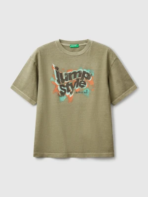 Benetton, T-shirt With Print On Front And Back, size XL, Military Green, Kids United Colors of Benetton