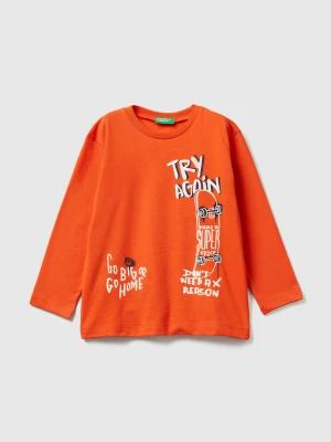 Benetton, T-shirt With Print, Size: 104, Orange, Kids United Colors of Benetton