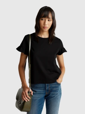 Benetton, T-shirt With Ruffled Sleeves, Size: XS, Black, Women United Colors of Benetton