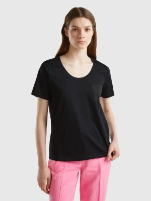 Benetton, T-shirt With Satin Pocket, size L, Black, Women United Colors of Benetton