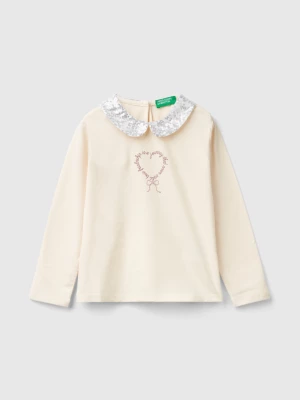 Benetton, T-shirt With Sequin Collar, size 110, Creamy White, Kids United Colors of Benetton