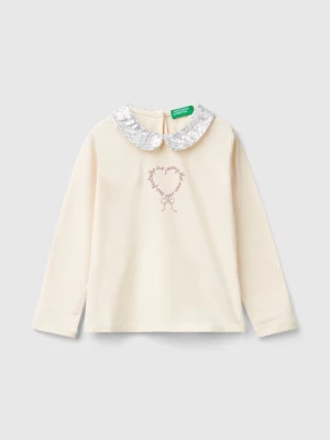 Benetton, T-shirt With Sequin Collar, size 90, Creamy White, Kids United Colors of Benetton