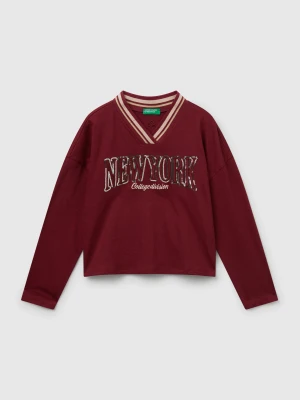 Benetton, T-shirt With Sequin Embroidery, Size: XL, Burgundy, Kids United Colors of Benetton
