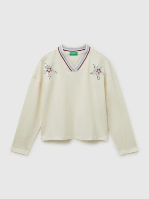 Benetton, T-shirt With Sequin Embroidery, Size: XL, Creamy White, Kids United Colors of Benetton