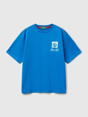 Benetton, T-shirt With Slogan Print And Embroidery, size XL, Blue, Kids United Colors of Benetton