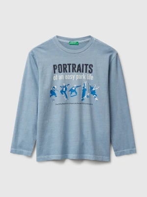 Benetton, T-shirt With Slogan Print, Size: S, Sky Blue, Kids United Colors of Benetton