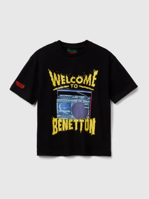 Benetton, T-shirt With Stranger Things Print, Size: XL, Black, Kids United Colors of Benetton