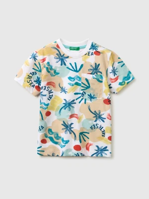 Benetton, T-shirt With Tropical Print, Size: 116, White, Kids United Colors of Benetton