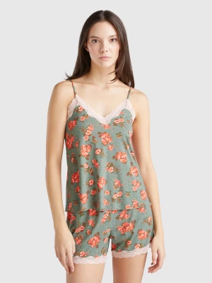 Benetton, Tank Top With Lace And Floral Print, size XXS, Light Green, Women United Colors of Benetton